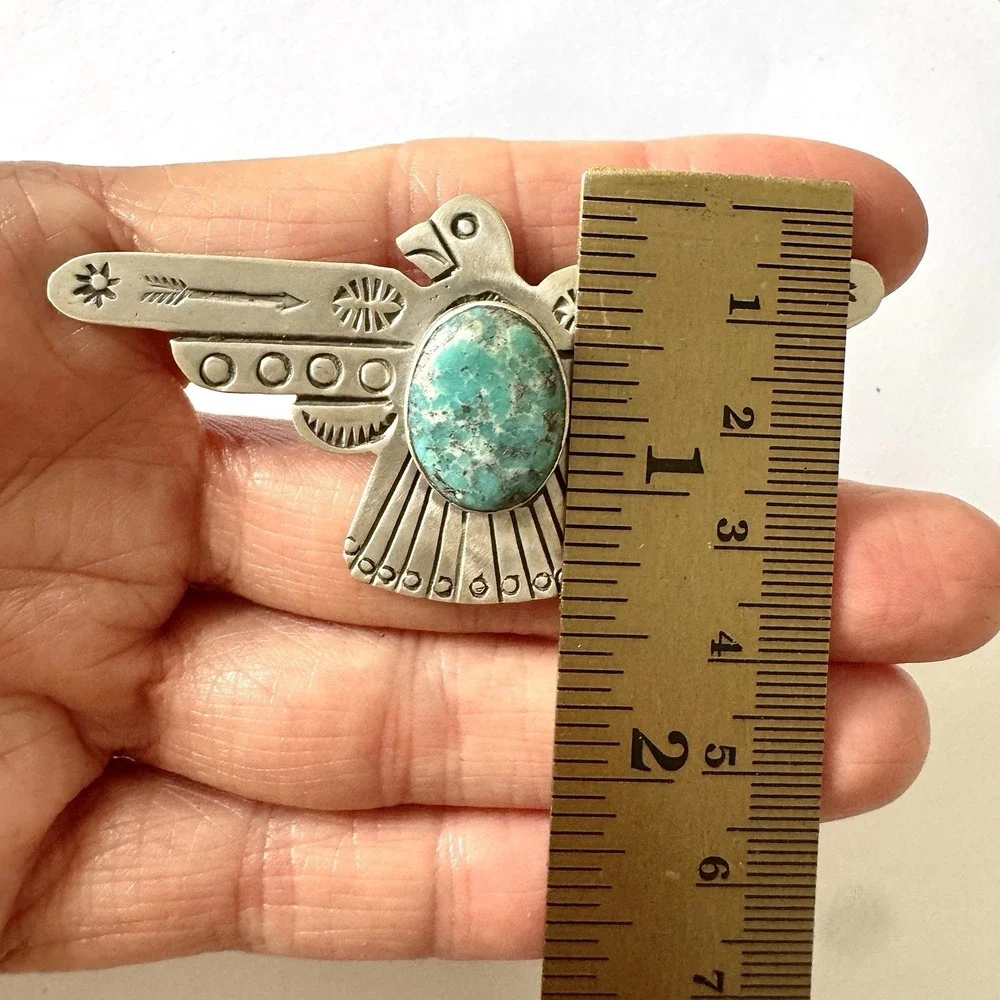 HUGE Navajo Turquoise Thunderbird Ring Sz 8 Stamped Sterling Silver Signed James